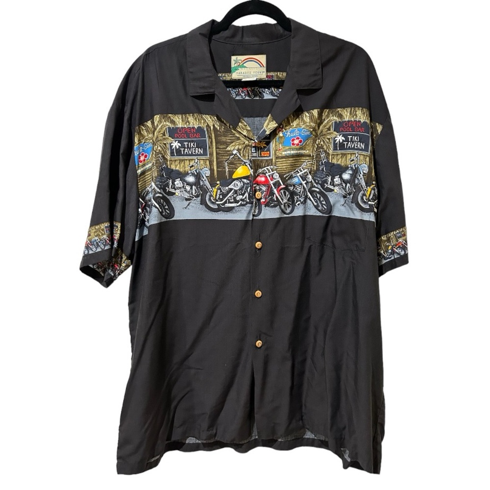 Paradise Found Hawaiian Shirt Motorcycle Tiki Tavern Bar vintage